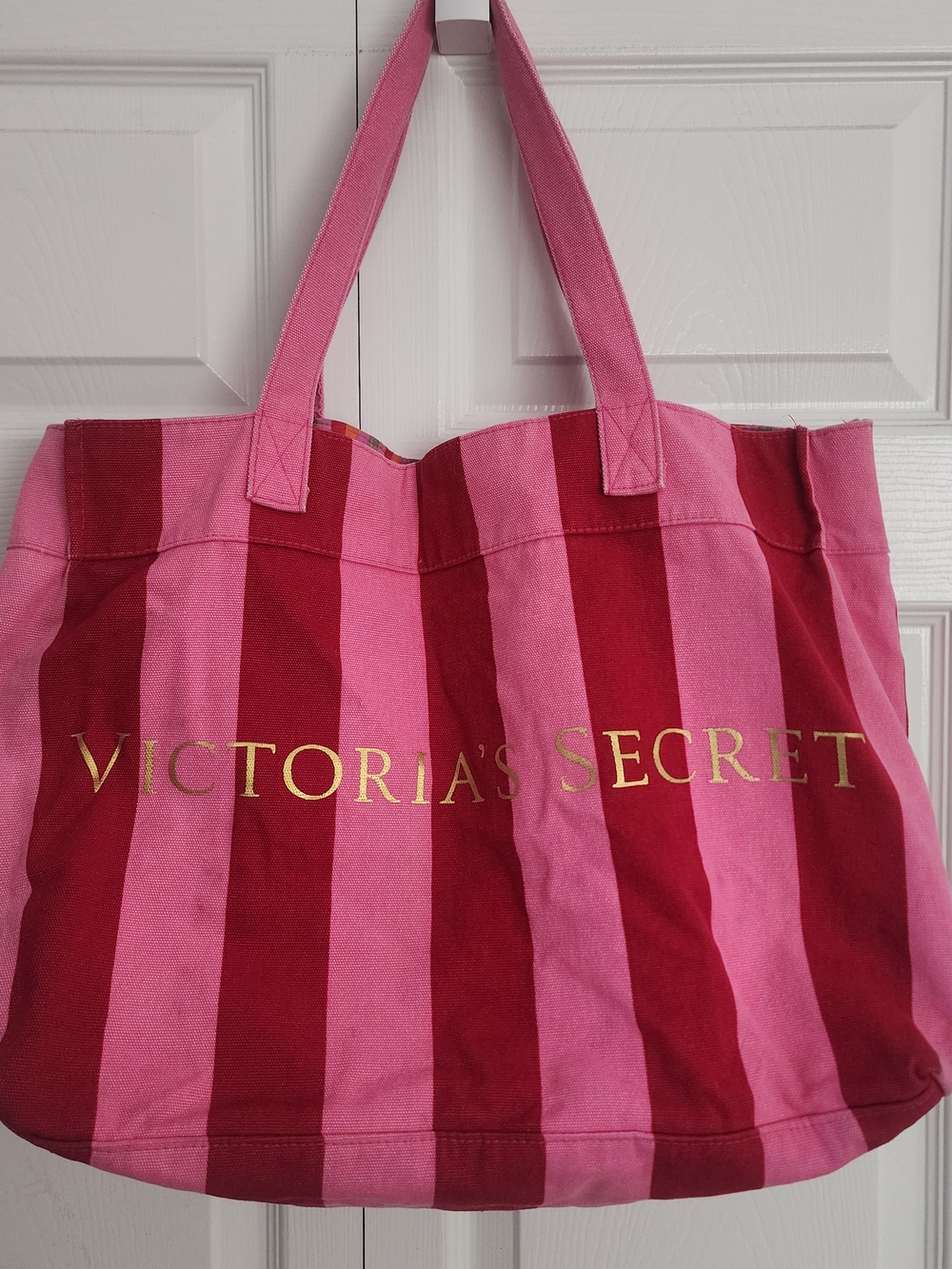 Victoria's Secret Y2K Pink & Red Stripe Weekender Canvas Shoulder Tote Bag